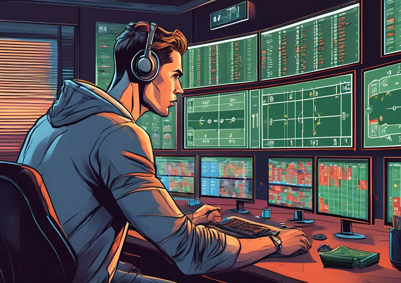 Sportwetten-Experte am Schreibtisch mit Bildschirmen, die Daten, Spielfeldübersichten und Wettquoten zur Analyse anzeigen