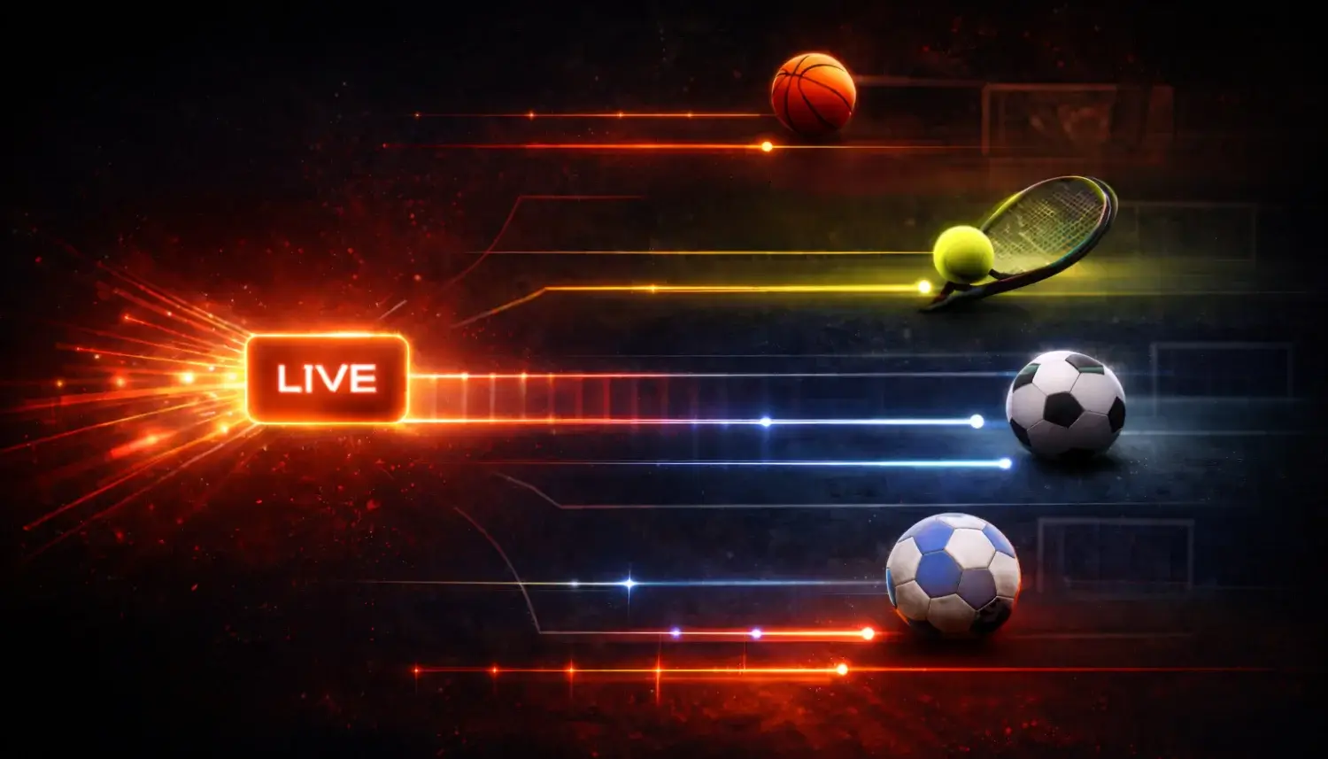 Livewetten bei schnellen Sportarten Dynamische Grafik zu Livewetten mit Fußball, Tennis, American Football und Basketball als Beispiele für schnelle Sportarten.