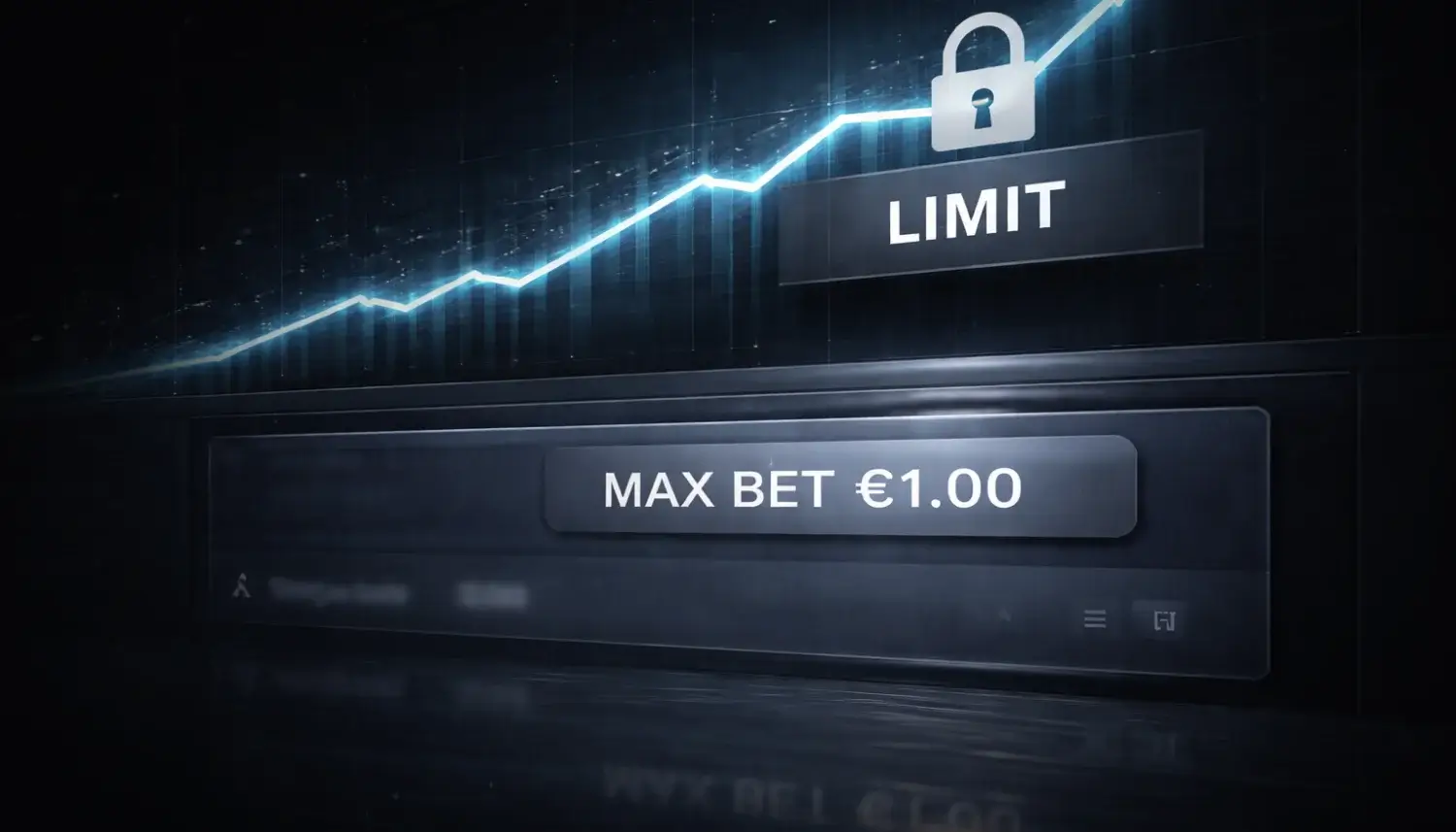 Limitierung bei Sportwetten mit Max Bet 1 Euro Dunkles Interface mit steigender Kurve, Limit-Hinweis und Einsatzlimit von 1 Euro