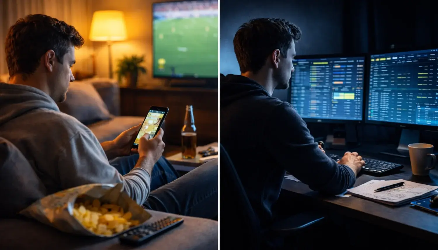 Hobby-Tipper vs. Profi-Tipper Geteilte Szene: links ein Hobby-Tipper mit Smartphone auf der Couch, rechts ein Profi-Tipper an mehreren Monitoren im Arbeitszimmer