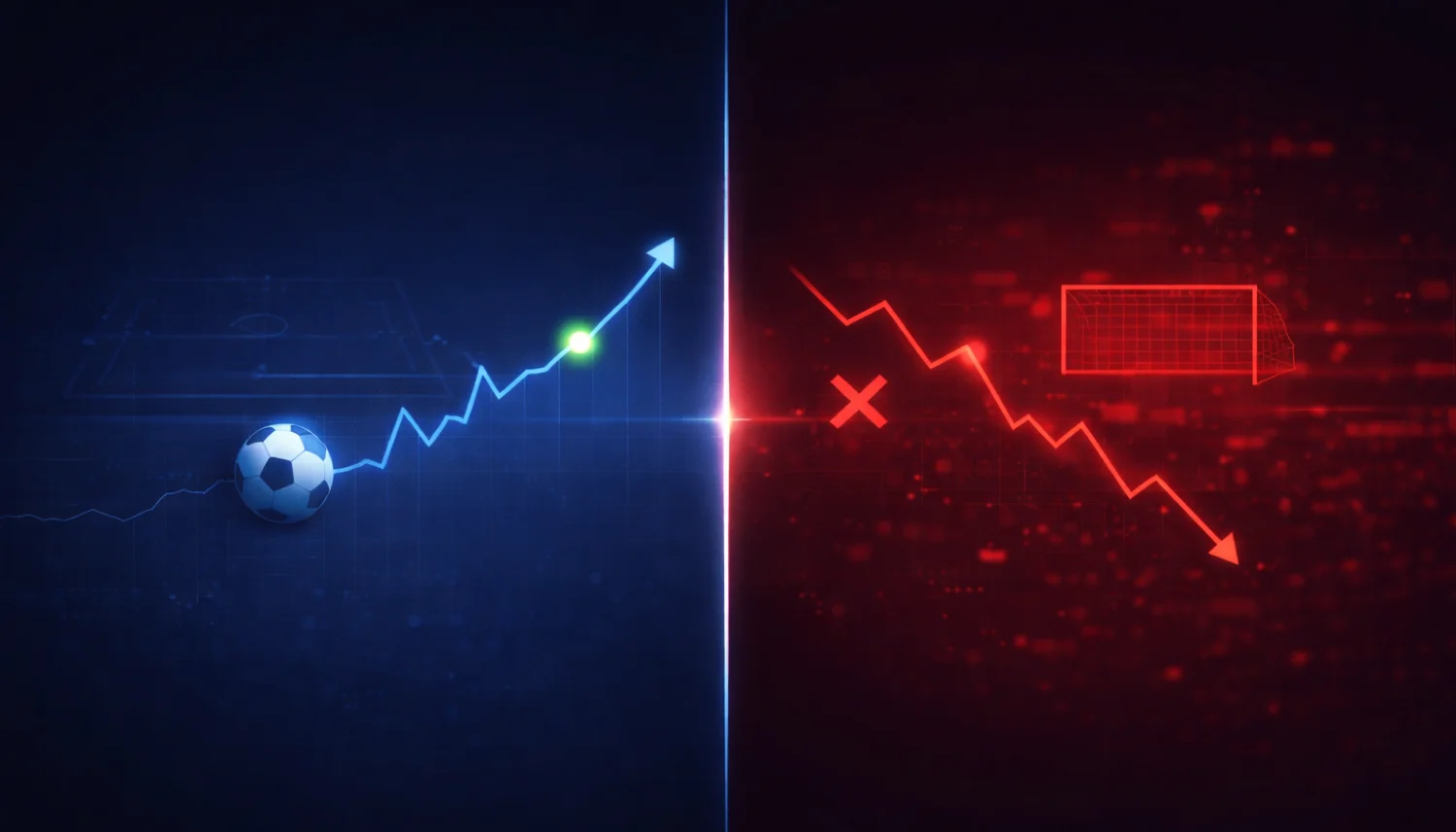 Sportwetten-Vergleich mit positiver und negativer Entwicklung Abstrakte Split-Screen-Grafik zu Sportwetten mit steigender blauer und fallender roter Linie