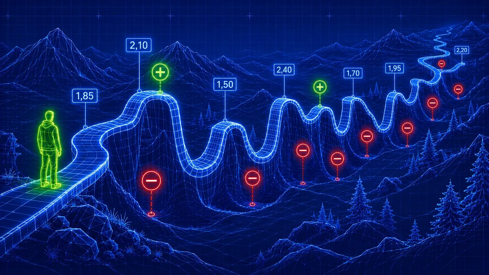 Der lange Weg beim Wetten mit Höhen und Tiefen Einzelner Wetter am Anfang eines langen Weges mit vielen roten Minus-Phasen, wenigen grünen Plus und Quoten