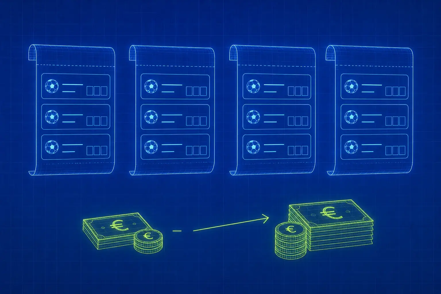 Wetten mit Analyse statt Bauchgefühl – der erste Plan Wettschein verbunden mit Analyse-Werkzeugen – Diagramm, Formkurve, Lupe über Fußball und Datentabelle