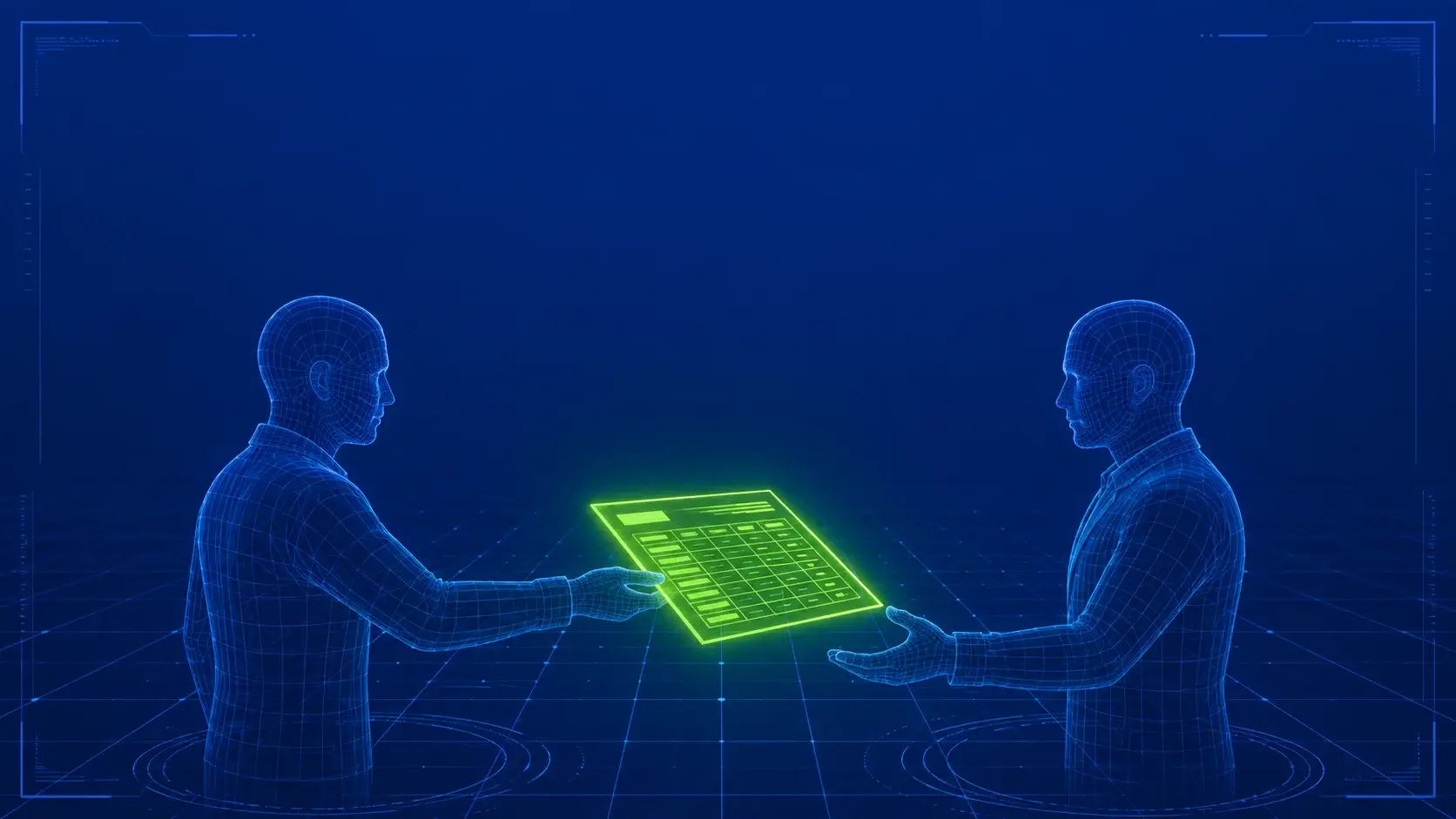 Wett-Wissen, das weitergegeben wird Zwei Wireframe-Figuren, dazwischen eine grün leuchtende Wett-Tabelle, die weitergereicht wird – Symbol für geteiltes Wett-Wissen.