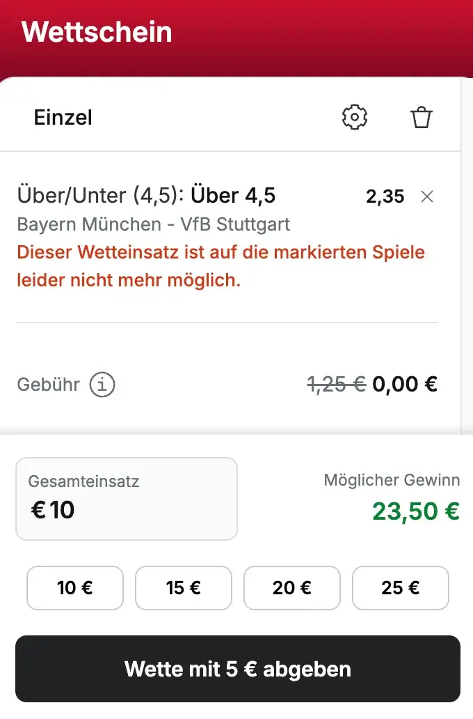 Title: Tipico-Limitierung: statt 10 Euro sind nur 5 Euro erlaubt Alt: Screenshot Tipico Wettschein Bayern gegen Stuttgart: Einsatz auf 5 Euro limitiert