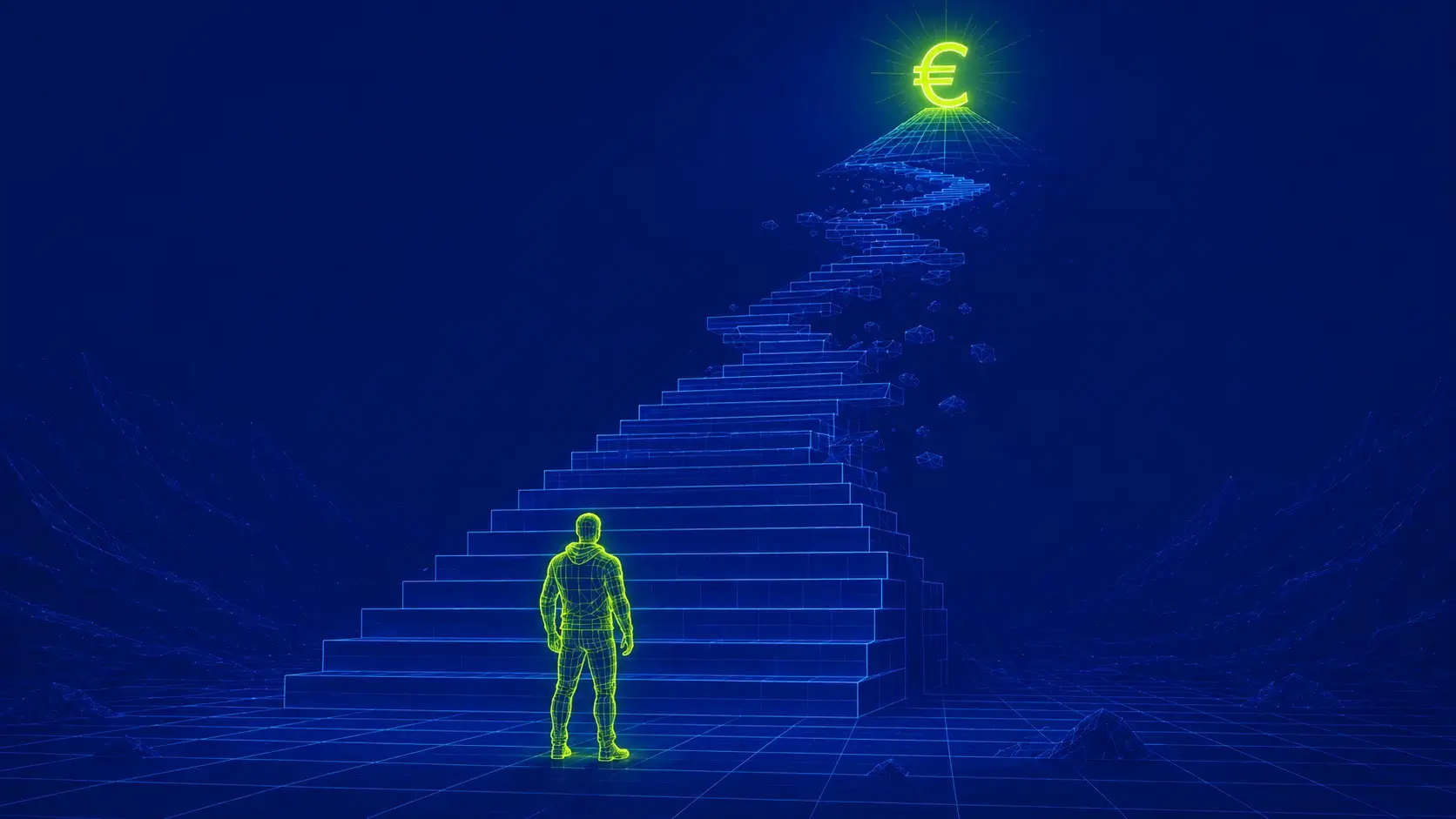 Leuchtende Figur blickt eine Treppe hinauf, die vor dem Geld-Gipfel zerbricht – Symbol für den naiven Wett-Start