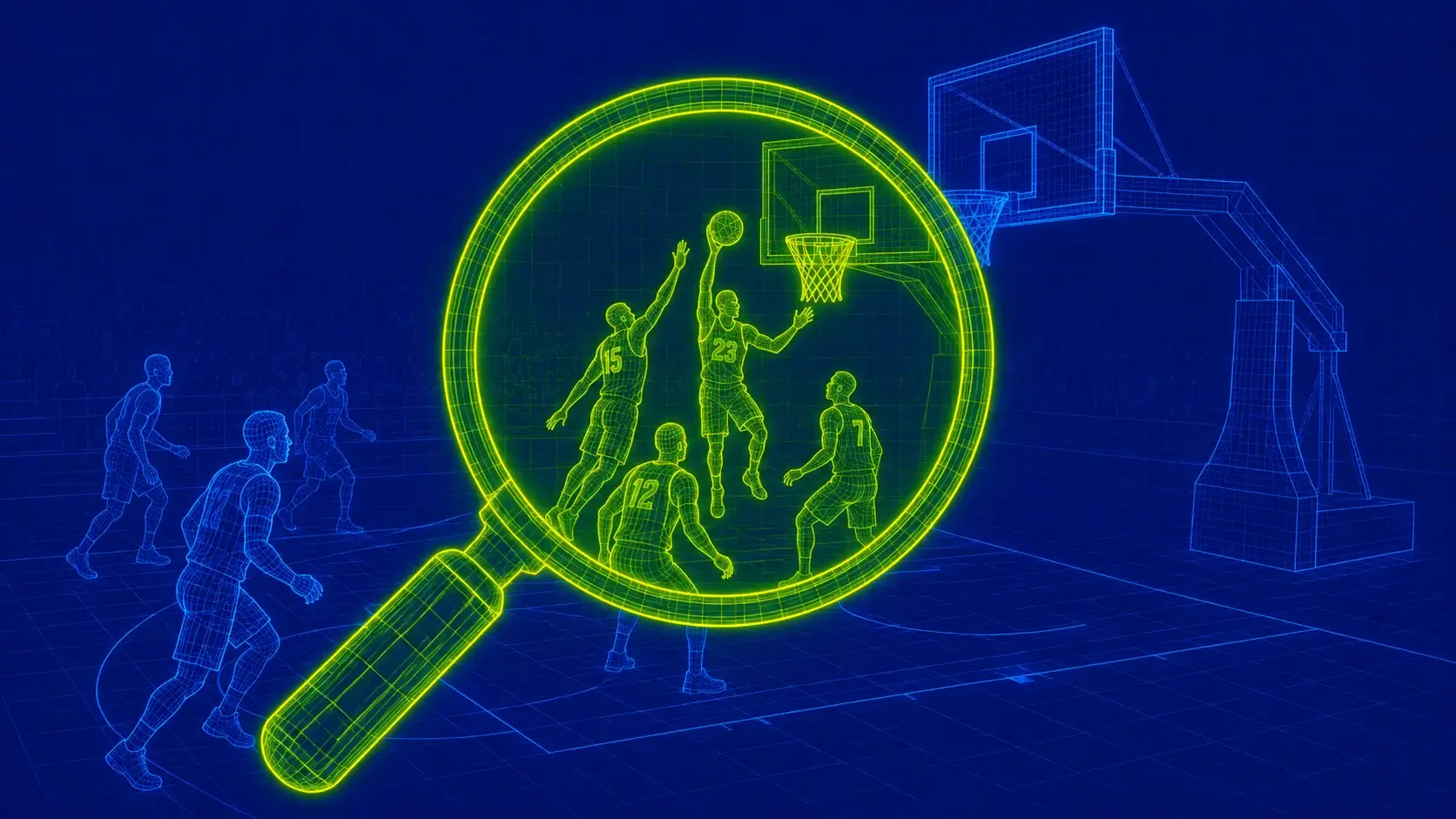 Genau hinschauen, wo der Vorteil liegt Blueprint-Basketballszene, Lupe zoomt auf einen Korbleger nahe dem Korb